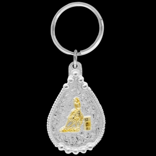 Gold Barrel Racer, Brand new Barrel Racing bling!  This keychain includes a beautiful rope border, a barrel racing 3D figure, and a key ring attachment. Each silver